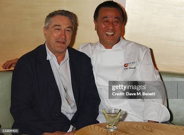 Robert De Niro and Nobu Matsuhisa attend the launch party for the London's second Nobu restaurant, Nobu Berkeley, in Berkeley Street on July 30, 2005...