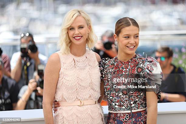Charlize Theron and Adele Exarchopoulos attends the "The Last Face" Photocall at the annual 69th Cannes Film Festival at Palais des Festivals on May...