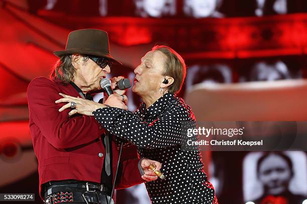 Singer Udo Lindenberg and singer Marius Mueller Westernhagen perform live during the opening night of the 'Keine Panik!' tour at Veltins-Arena on May...