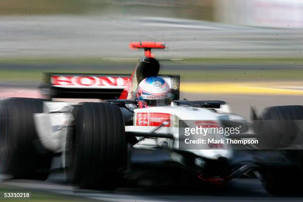 Jenson Button of Great Britain and BAR in action during the Hungarian F1 Grand Prix at the Hungaroring on July 31, 2005 in Budapest, Hungary.