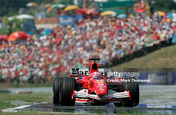 Rubens Barrichello of Brazil and Ferrari in action during the Hungarian F1 Grand Prix at the Hungaroring on July 31, 2005 in Budapest, Hungary.