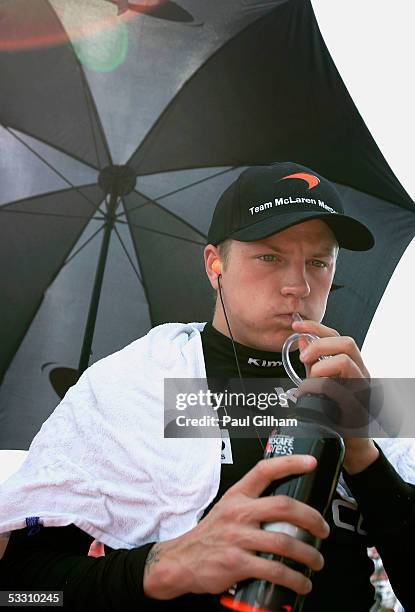 Kimi Raikkonen of Finland and McLaren Mercedes on the grid prior to the Hungarian F1 Grand Prix at the Hungaroring on July 31, 2005 in Budapest,...