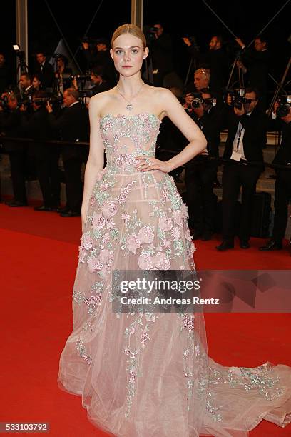 Actress Elle Fanning attends the "Neon Demon" premiere during the 69th annual Cannes Film Festival at the Palais des Festivals on May 20, 2016 in...