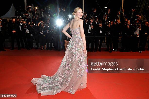 Actress Elle Fanning attends the "Neon Demon" premiere during the 69th annual Cannes Film Festival at the Palais des Festivals on May 20, 2016 in...