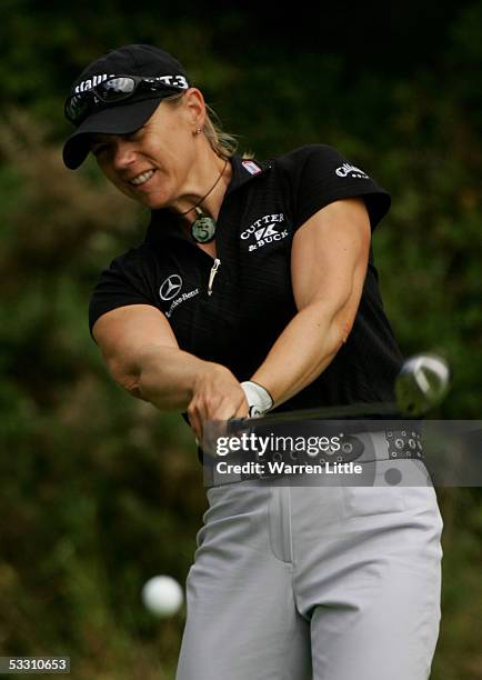 Annika Sorenstam of Sweden tees off on the fifth hole during the final round of the Weetabix Ladies British Open at the Royal Birkdale Golf Club, on...