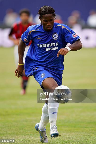 Didier Drogba of Chelsea FC controls the ball against AC Milan during their World Series of Football friendly match at Giants Stadium on July 31,...