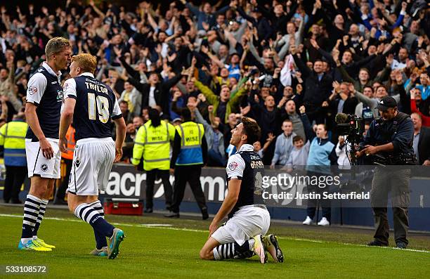 Lee Gregory of Millwall FC celebrates scoring Millwall's first goal during the Sky Bet League One Play Off: Second Leg between Millwall and Bradford...