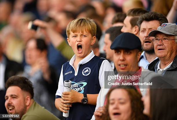 Millwall fans celebrate during the Sky Bet League One Play Off: Second Leg between Millwall and Bradford City at The Den on May 20, 2016 in London,...