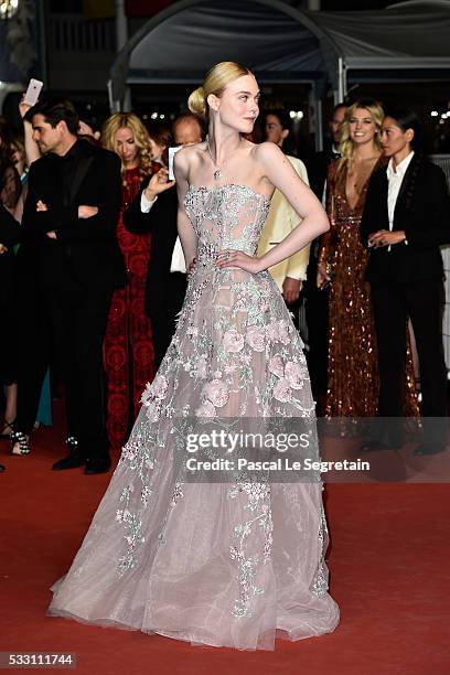 Actress Elle Fanning attends the "Neon Demon" premiere during the 69th annual Cannes Film Festival at the Palais des Festivals on May 20, 2016 in...