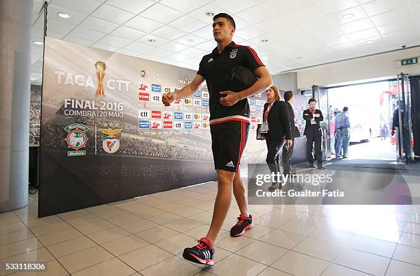 Benfica's forward from Mexico Raul Jimenez arrives at Estadio Efapel Cidade de Coimbra before the start of the Taca CTT Final match between SL...