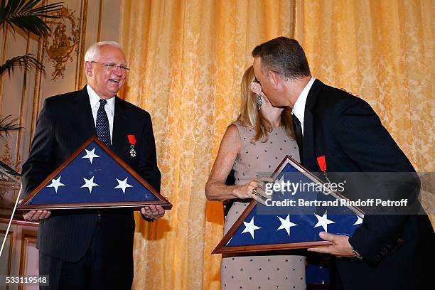 Doctor Gordon "Nick" Mueller, Ambassador of USA in France, Jane D. Hartley and Actor Tom Hanks attend the Flag Ceremony after Tom Hanks, Tom Brokaw &...
