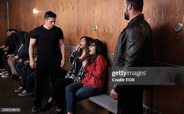 Guest star Zack Sayenko, Hannah Simone, Zooey Deschanel in the "A Chill Day In" episode of NEW GIRL airing Tuesday, April 26 on FOX.