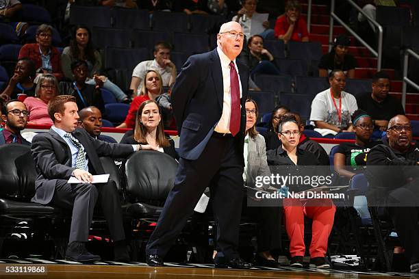 Head coach Mike Thibault of the Washington Mystics looks on during the game against the Los Angeles Sparks on May 20, 2016 at the Verizon Center in...