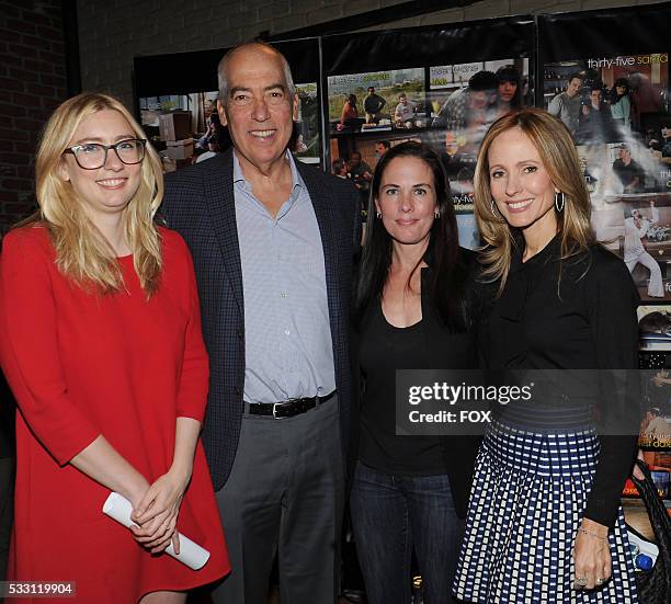 Liz Meriwether , Gary Newman , Katherine Pope and Dana Walden . NEW GIRL celebrates 100th Episode Cake-Cutting and Champagne celebration on the FOX...