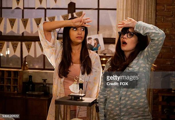 Hannah Simone and Zooey Deschanel in the "Wedding Eve" episode of NEW GIRL airing Tuesday, May 10 on FOX.