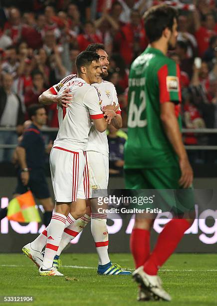 Benfica's defender from Brazil Jardel celebrates with teammate SL Benfica's forward from Mexico Raul Jimenez after scoring a goal during the Taca CTT...