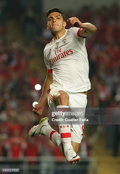 Benfica's forward from Mexico Raul Jimenez celebrates after scoring a goal during the Taca CTT Final match between SL Benfica and CS Maritimo at...