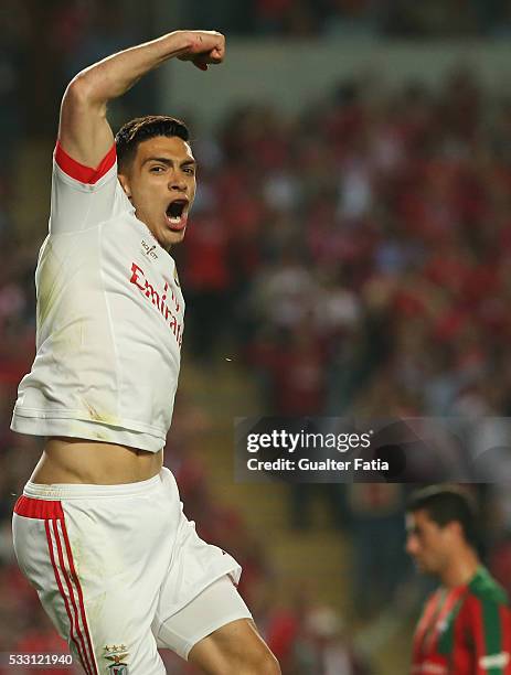 Benfica's forward from Mexico Raul Jimenez celebrates after scoring a goal during the Taca CTT Final match between SL Benfica and CS Maritimo at...