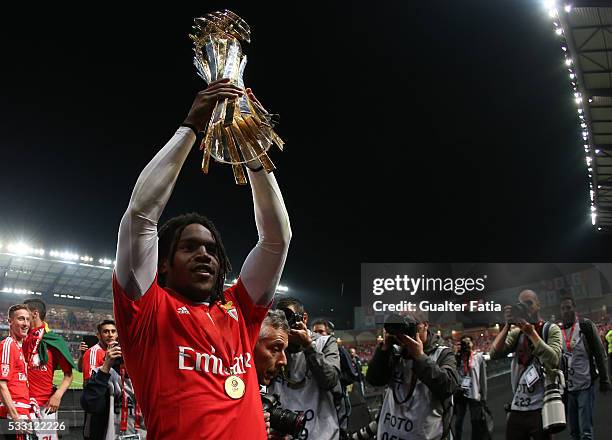 Benfica's midfielder Renato Sanches celebrates with trophy after winning the Portuguese League Cup Title at the end of the Taca CTT Final match...