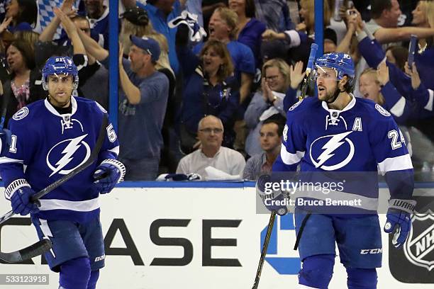 Ryan Callahan of the Tampa Bay Lightning celebrates a goal against Matt Murray of the Pittsburgh Penguins during the first period in Game Four of the...