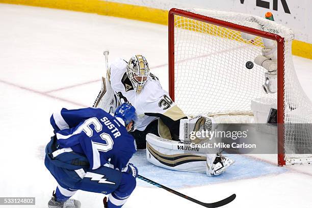 Andrej Sustr of the Tampa Bay Lightning scores a goal against Matt Murray of the Pittsburgh Penguins during the first period in Game Four of the...