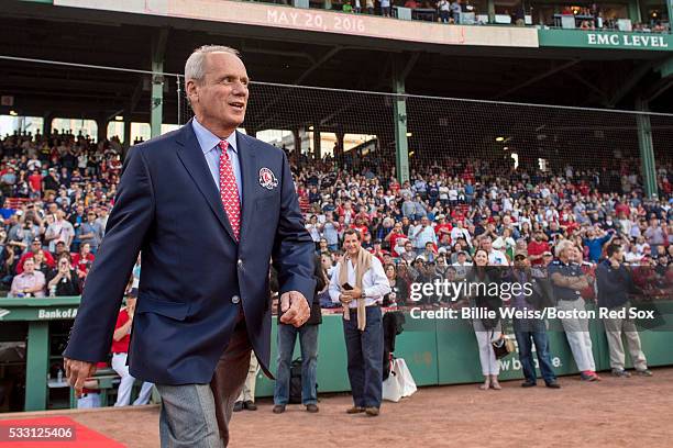 Boston Red Sox President & CEO Emeritus Larry Lucchino is introduced during a Red Sox Hall of Fame Class of 2016 ceremony before a game between the...