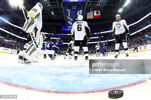 Matt Murray of the Pittsburgh Penguins reacts as Ryan Callahan of the Tampa Bay Lightning celebrates scoring a goal against of the Pittsburgh...