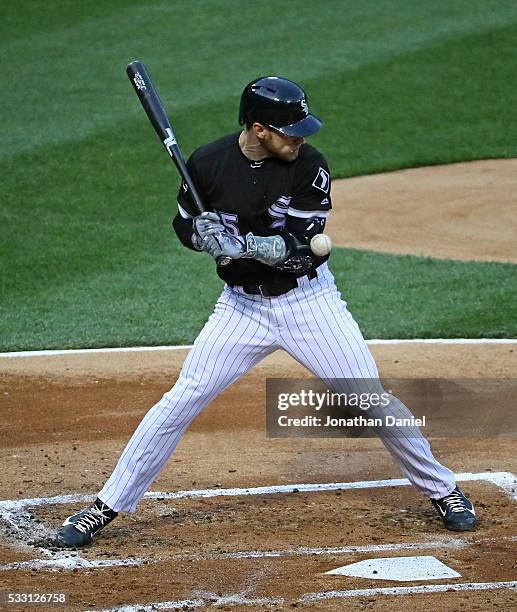 Brett Lawrie of the Chicago White Sox is hit by a pitch in the 2nd inning against the Kansas City Royals at U.S. Cellular Field on May 20, 2016 in...