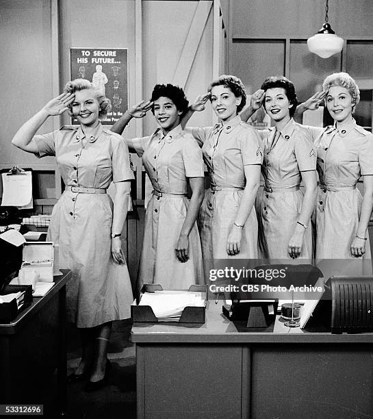 American actresses Elisabeth Fraser , Billie Allen, Barbara Berry, Midge Ware, Fay Morley salute at the camera on the set of the comedy series 'The...
