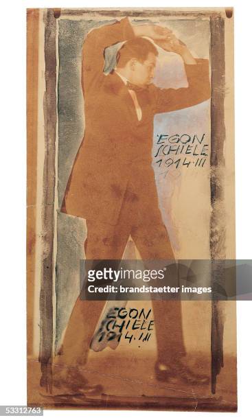 Egon Schiele with raised arms. Photography by Josef Anton Trcka. Painting on the photography by Egon Schiele. 1914. [Egon Schiele mit erhobenen Armen...