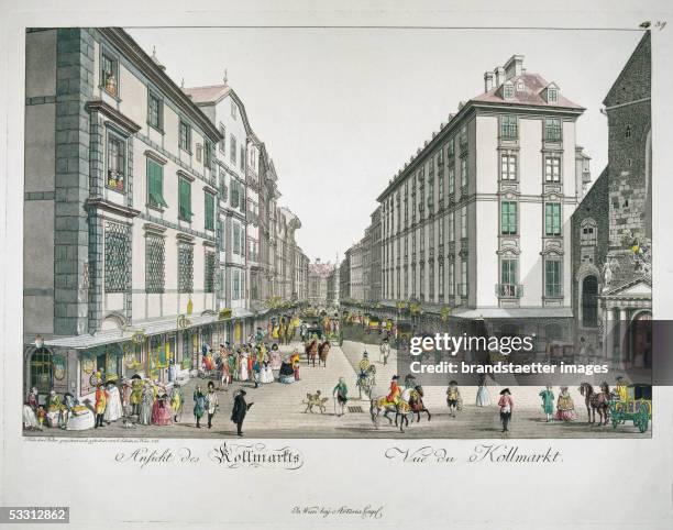 View from the Michaelerplatz to the Kohlmarkt. Etching. 1876. [Wien: Blick vom Michaelerplatz auf den Kohlmarkt bis zum Graben, links das...