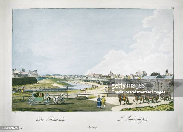 The Heumarkt in Vienna, Dominikanerbastei on the left. On he right: soldiers of the polish guard. Coloured etching, by Johann Ziegler. 1780. [Wien:...