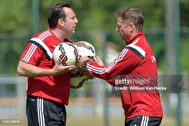 Wilmots Marc head coach of Belgian Team and Borkelmans Vital ass coach of Belgian Team pictured during a training session of the National Soccer Team...