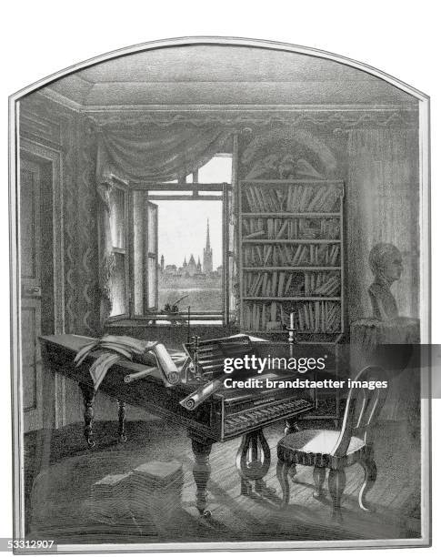 Ludwig van Beethoven's Study in the Schwarzspanier House in 1827. Beethoven's study with piano and view to the steeple of St. Stephan's Cathedral....