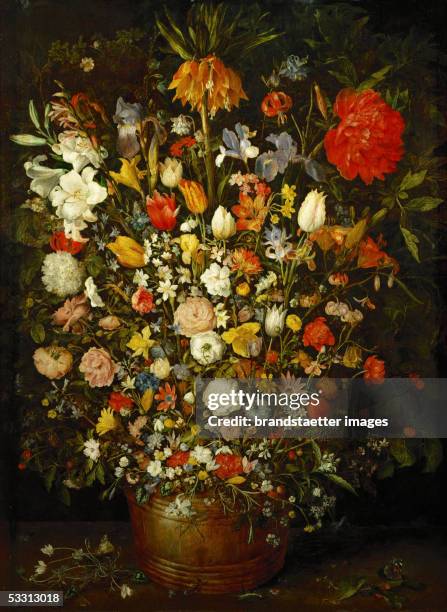 Big Flower Bouquet in a wooden vessel, 1606/07. Oil on oakwood. Size 98 x 73 cm. Cat. 74, Inv. 570. [Gro?er Blumenstrauss in einem Holzgefae?....