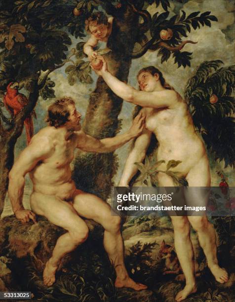 Adam and Eve; a rather free copy of the painting by Titian . Rubens copied the Titian painting during his second stay in Spain 1628-1629. Canvas, 237...