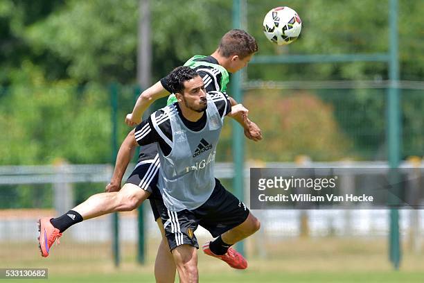 Chadli Nacer of Tottenham Hotspur FC battles for the ball with Dendoncker Leander of RSc Anderlecht during a training session of the National Soccer...