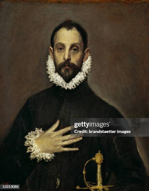 The nobleman with his hand on his chest, probably Don Juan de Silva, painted when knighthood was conferred on him, see position of his hand and a...