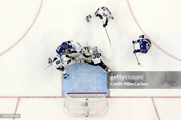 Jonathan Drouin of the Tampa Bay Lightning scores a goal against Matt Murray of the Pittsburgh Penguins during the second period in Game Four of the...