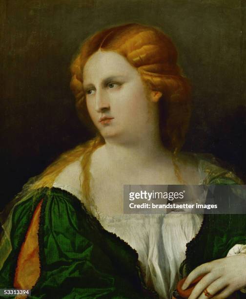 Young woman in a green dress, a box in her hand. Poplar wood. 1515-1520. [Junge Frau in einem gruenen Kleid, eine Schachtel in ihrer Hand....