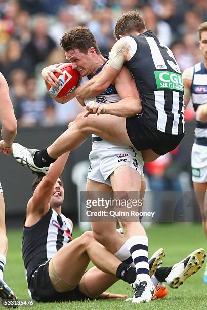 Patrick Dangerfield of the Cats is tackled by Taylor Adams of the Magpies during the round nine AFL match between the Collingwood Magpies and the...