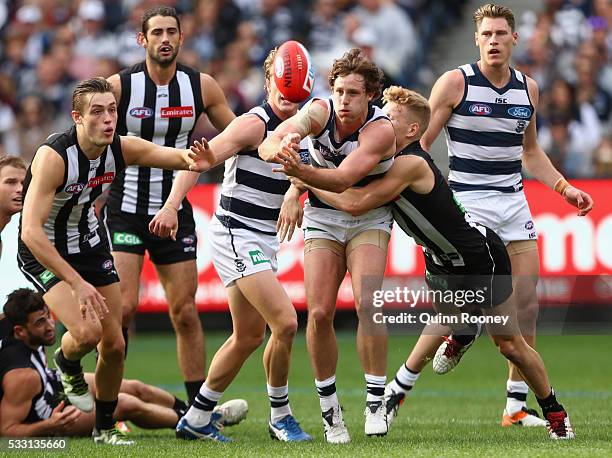 Jed Bews of the Cats handballs whilst being tackled by Adam Treloar of the Magpies during the round nine AFL match between the Collingwood Magpies...