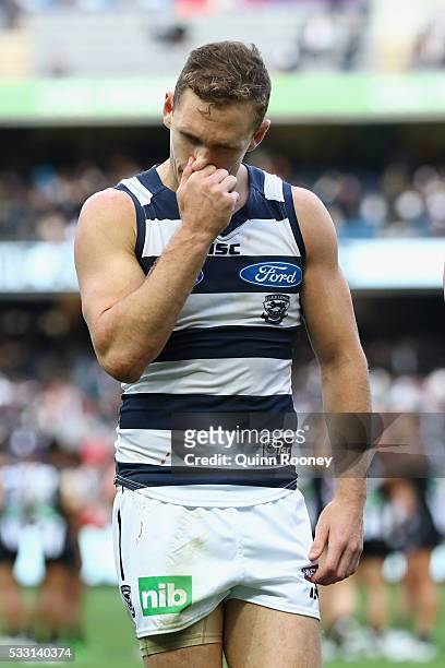 Joel Selwood of the Cats looks dejected after losing the round nine AFL match between the Collingwood Magpies and the Carlton Blues at Melbourne...