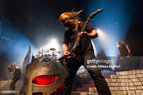 Bassist Ted Lundstrom , drummer Jocke Wallgren, guitarist Olavi Mikkonen and vocalist Johan Hegg of Amon Amarth perform at The Warfield on May 20,...