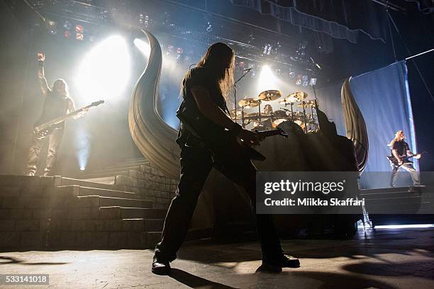 Bassist Ted Lundstrom, guitarist Johan Soderberg , , drummer Jocke Wallgren, and guitarist Olavi Mikkonen of Amon Amarth perform at The Warfield on...