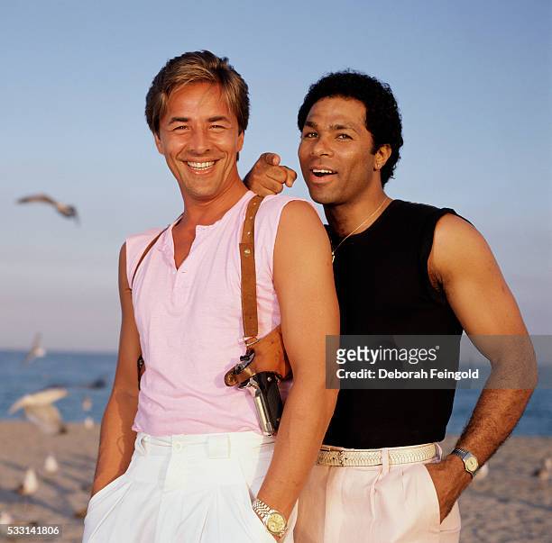 Deborah Feingold/Corbis via Getty Images) Don Johnson and Phillip Michael Thomas on the set of Miami Vice