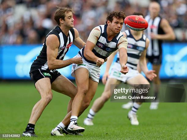 Steven Motlop of the Cats handballs whilst being tackled by Alan Toovey of the Magpies during the round nine AFL match between the Collingwood...