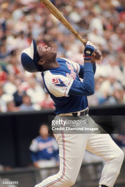 Outfielder Dusty Baker of the Atlanta Braves at bat during a game in June 1974 against the Cincinnati Reds at Riverfront Stadium in Cincinnati, Ohio.