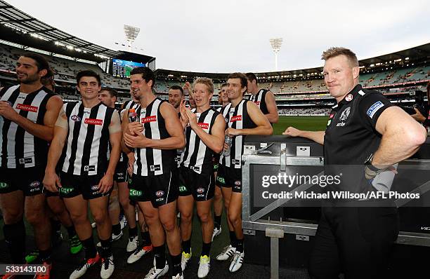Nathan Buckley, Senior Coach of the Magpies looks on as his players leave the field during the 2016 AFL Round 09 match between the Collingwood...