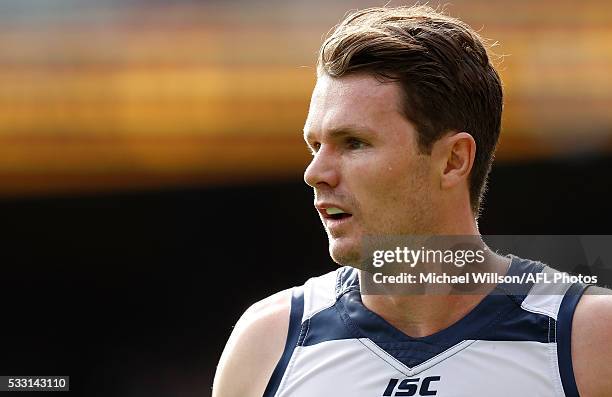 Patrick Dangerfield of the Cats looks on during the 2016 AFL Round 09 match between the Collingwood Magpies and the Geelong Cats at the Melbourne...